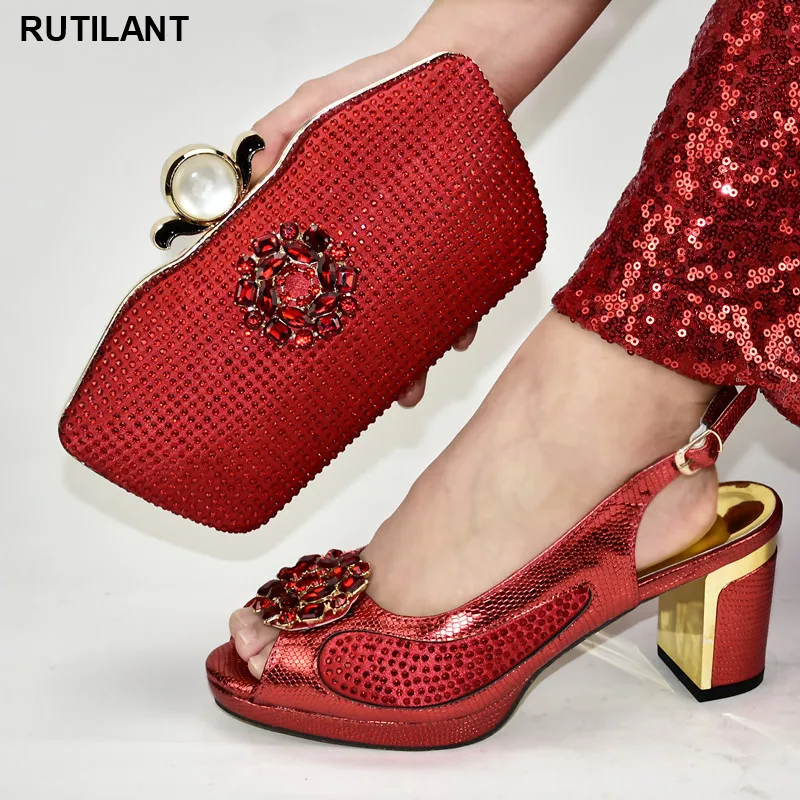 

African Shoe and Bag Set Decorated with Rhinestone Italy High Heels Women Wedding Shoes Shoe and Bag Italian Design Set Party
