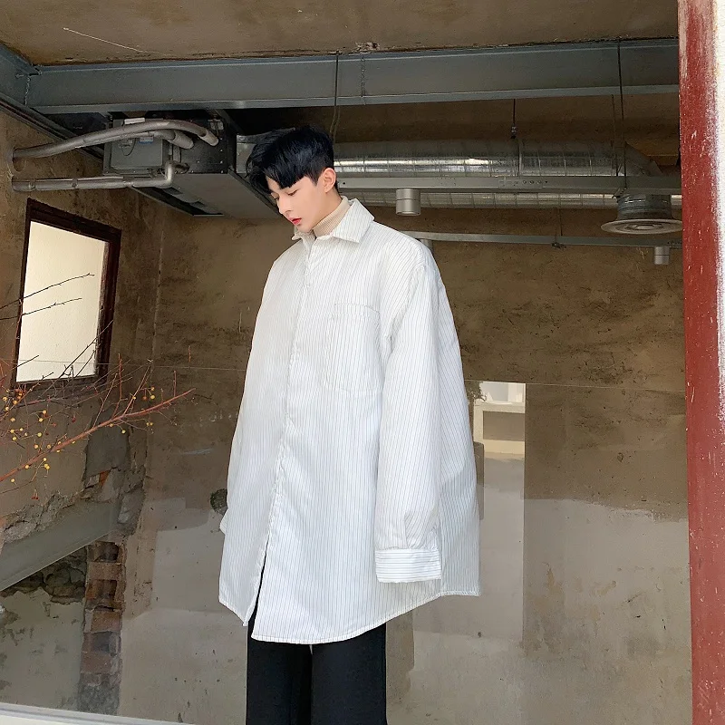

Men Long Casual Winter Padded Cotton Stripe Shirt Style Jacket Overcoat Male Streetwear Hip Hop Loose Parkas Coat Outerwear