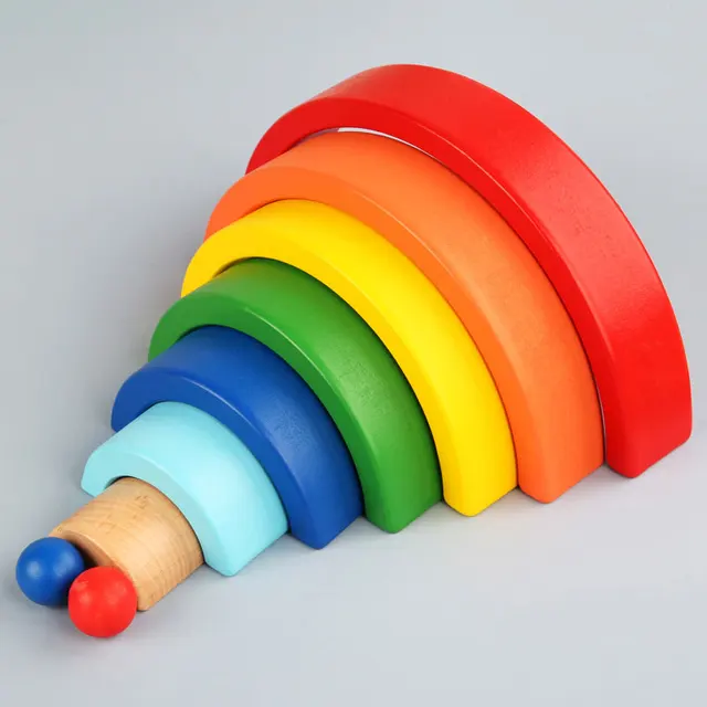 Wooden Seven-Color Rainbow Building Blocks Montessori Early Education Rainbow Jengle Arched Building Block Kid's Educational Toy 4