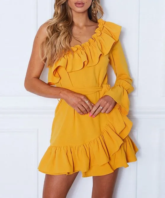 

Women Summer Empire Waist Mini Dress Oblique Collar Asymmetrical Ruffles Dress Casual One Shoulder Long Sleeve Beach Dresses