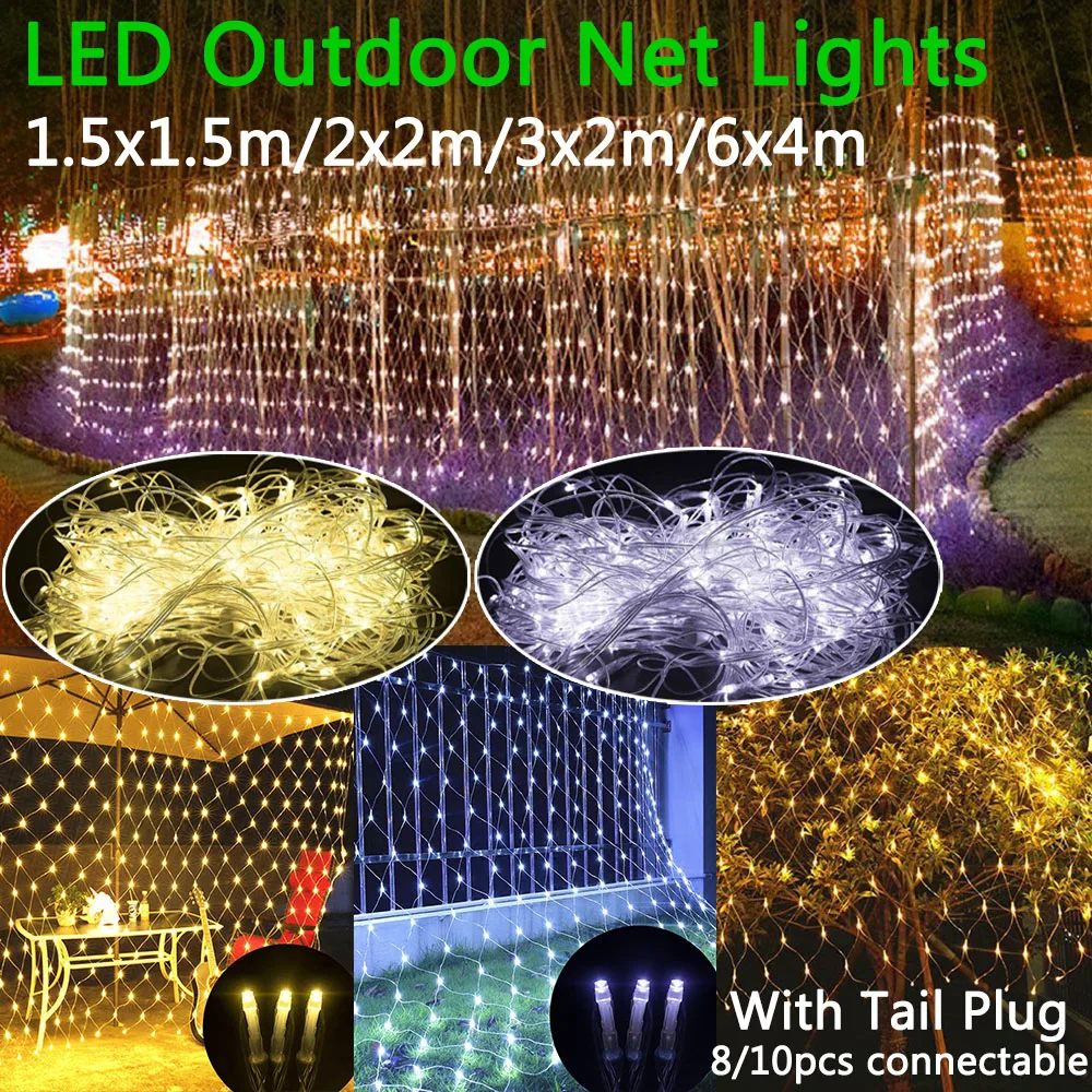 220V 1.5X1.5M 2X2M 3X2M 6x4M LED 그물 메쉬 문자열 빛 야외 방수 Chirstmas 휴일 장식 꼬리 플러그 d30와 연결 가능