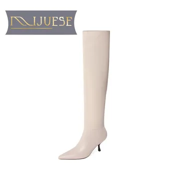 

MLJUESE 2021 women Knee-High boots Cow leather Winter short plush Pointed Toe High heels female boots size 43