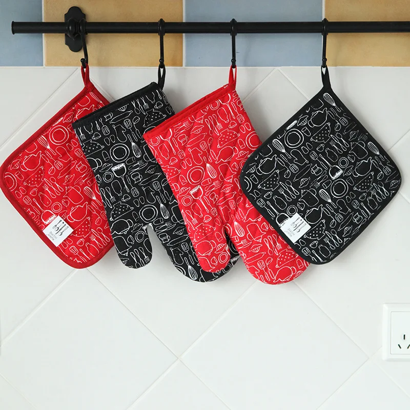 Kitchen Microwave Heat Resistant Gloves Oven Mitts Cotton Pot Holders