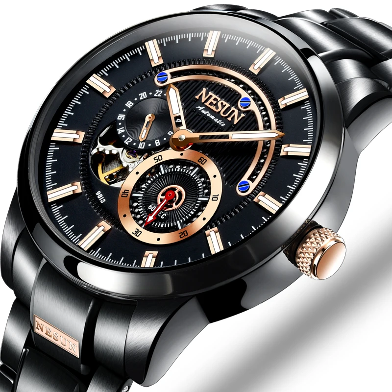 

Luxury Brand Switzerland NESUN Men's Watches Automatic Mechanical Luminous Hands Dual Skeleton Full Stainless Steel Clock N9813