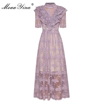 

MoaaYina Fashion Designer dress Spring Summer Women's Dress Stand collar Short sleeve Lace Ruffles Elegant Party Dresses