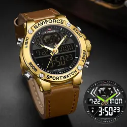 NAVIFORCE роскошные золотые мужские s часы спортивные светодиодный цифровые военные кварцевые часы кожаные водонепроницаемые часы мужские