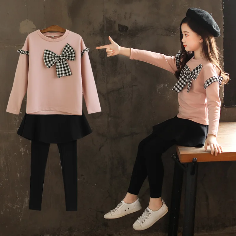 

Girls Bow Two-Piece Set Long-sleeved Sweater Sports Clothing Korean-style Casual Funky 2019 New Autumn 3-12-Year-Old