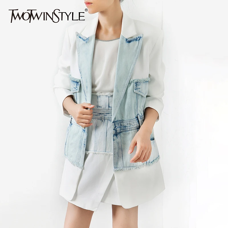 Deuxtwinstyle Denim Patchwork femmes Blazer col cranté à manches longues tunique élégante femme veste 2019 mode automne nouveau
