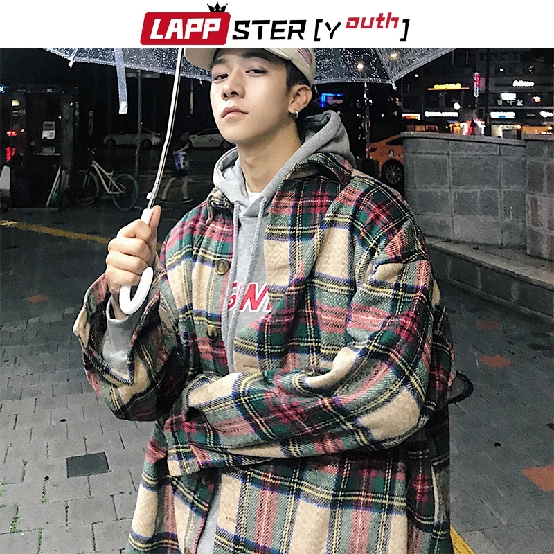 LAPPSTER-Youth мужские уличные Клетчатые Шерстяные Пальто Harajuku винтажные корейские стильные куртки пальто мужские s хип хоп куртки ветровки
