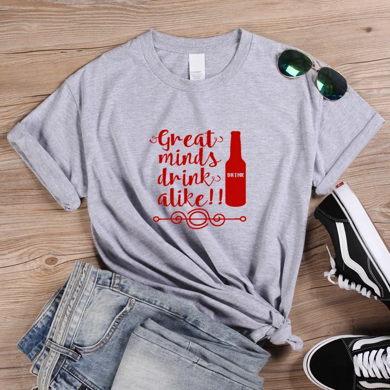 ONSEME веселая Рождественская Футболка женская футболка с надписью «Great Minds Drink» летняя футболка с круглым вырезом и короткими рукавами розовая футболка Q-819