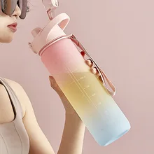 1000ml Large Capacity Water Bottles Rainbow Color Kettle Straw Cup With Scale Portable Sports Fitness Leak-proof Water Bottle