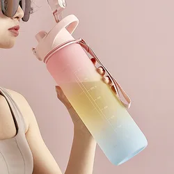 1000ml Large Capacity Water Bottles Rainbow Color Kettle Straw Cup With Scale Portable Sports Fitness Leak-proof Water Bottle