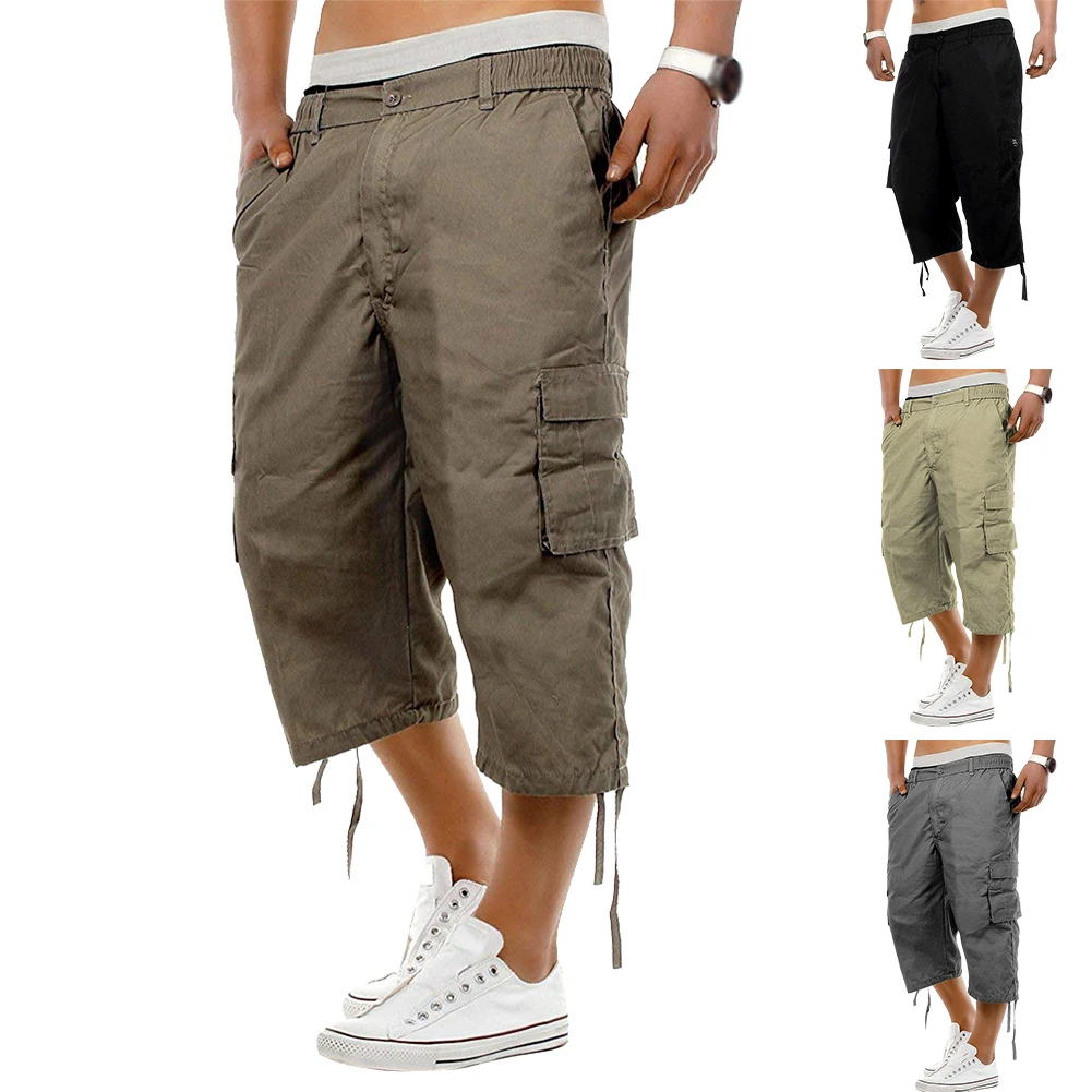 Повседневные мужские брюки, полусвободные, Карго, подарок, однотонные, летние, эластичные, для упражнений, с несколькими карманами, шорты для отдыха, средняя талия