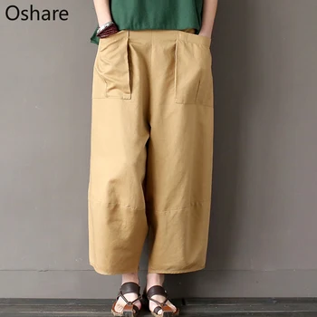 

New Johnature 2020 Wide Leg Loose Women Pants Big Pockets Cotton Linen Ankle-length Casual Loose Trouser