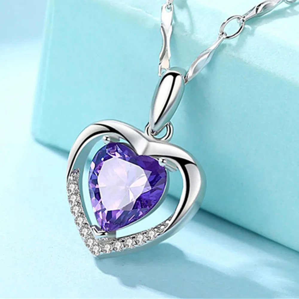 Сердце Аквамарин Синий Фиолетовый аметист розовый хрустальный каменный кулон ожерелье для женщин Циркон бриллиант серебро белый золотой подарок