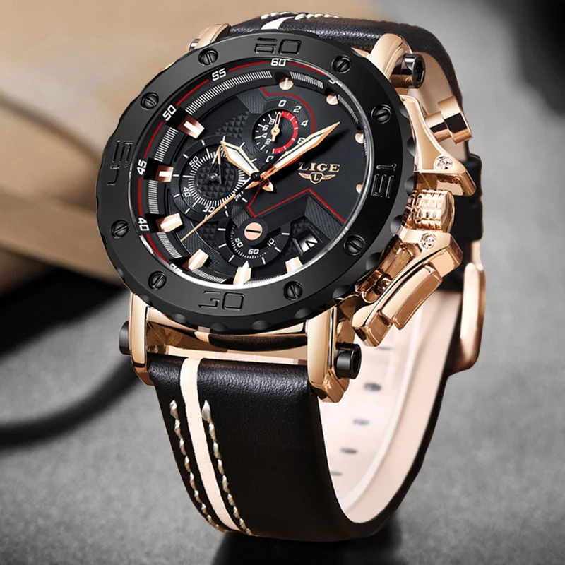 2020LIGE New Fashion Mens Watches Top Brand Luxury Big Dial Military Quartz Watch Leather Waterproof Sport Chronograph Watch Men