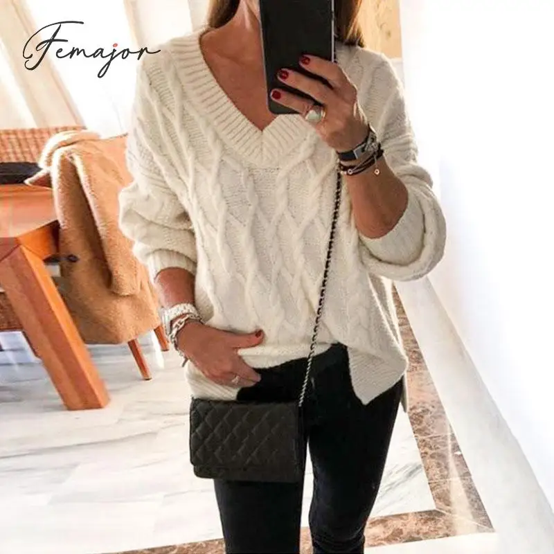 

Femajor Fall 2019 Women Fashion Pullovers Sweater Warm Long Sleeve Knitted Tops Jumpers Female V Neck Plus Size Clothes Sweater