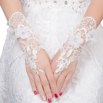 

Women Bridal Short Wedding Gloves Fingerless Imitation Pearl Rhinestone Jewelry Embroidery Floral Lace Prom Party Costume