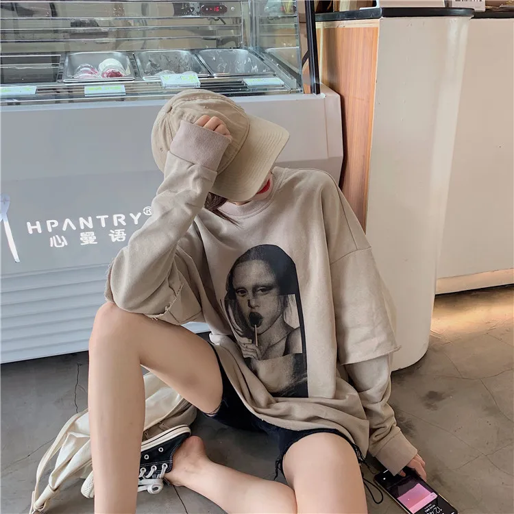 

Autumn 2019 Sanitary Clothes Women Wear Loose Lazy Round-collar Cartoon Character Pullover Fake Two Sanitary Clothes Sweatshirt