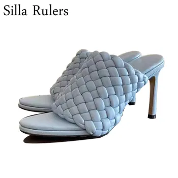 

New Style Genuine Leather Weave One Strap Summer Sandals Woman Thin High Heels Peep Toe Mules Woman Party Shoes wending shoes