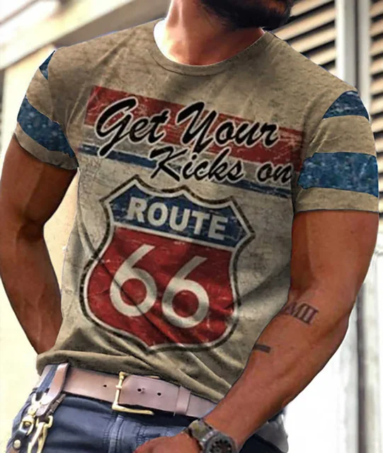 Printed T-shirt 3d Men's Short Sleeve Oversized Clothing Vintage New Summer Fashion American 66 Pattern O Collar Loose T-shirt 6 7