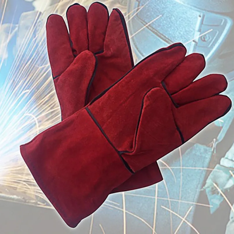 

Leather Welding Gloves Red Long High Temperature Heat Resistant Safety Protective Fireplace Accessories Barbecue Welders Gloves