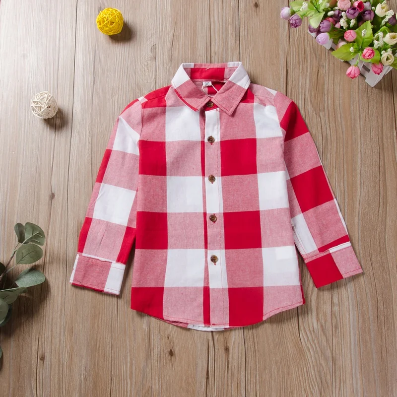 Рубашка для маленьких мальчиков Модный хлопковый комплект в клетку с квадратным воротником и длинным рукавом блузки