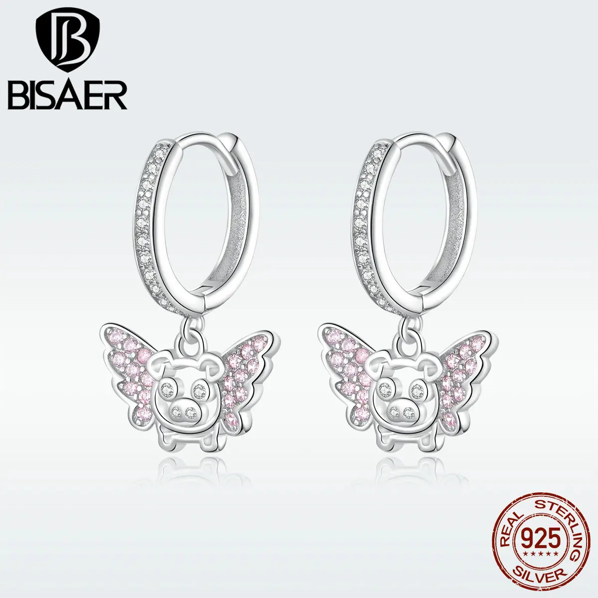 BISAER, серьги-кольца для женщин, настоящее 925 пробы, серебряные, милые, летающие, свинка, серьги, Настоящее серебро, корейская мода, ювелирное изделие HVE224