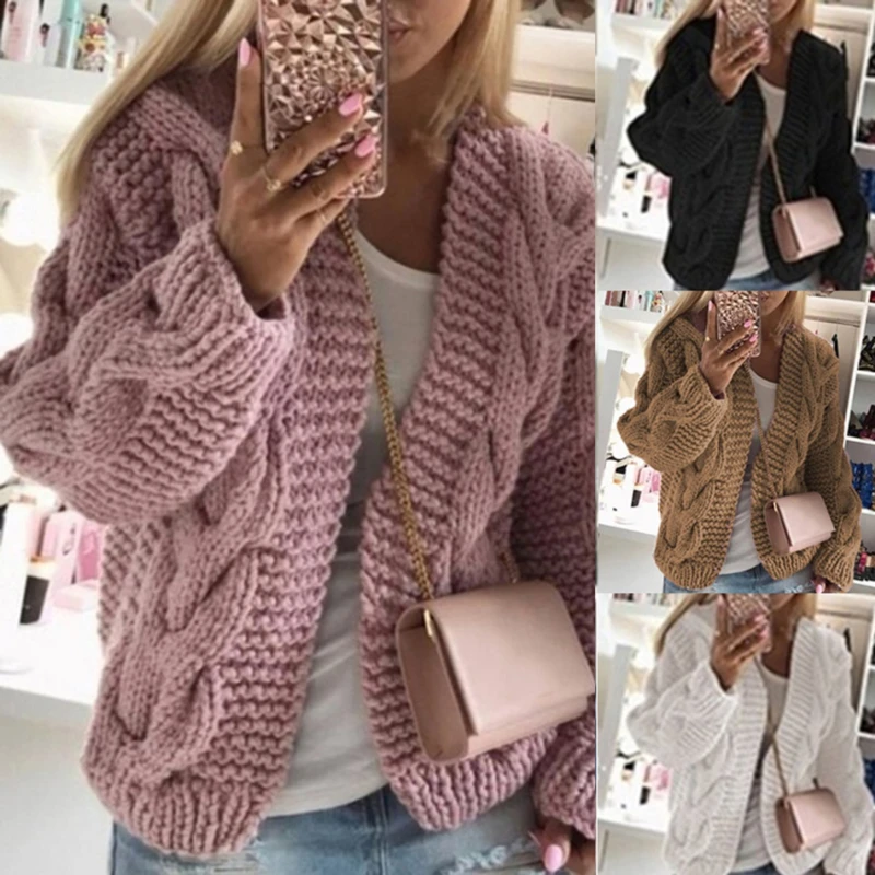 2020 Hot Sales Women Casual Sweater Bold Thread Twist Knit Cardigan Solid Comfortable Warm Sweaters Clothing 4 Color