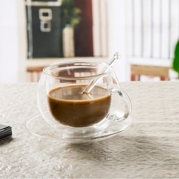 

220CC Double Wall Glass Coffee Mugs With Tray Spoon Sets Creative Simple Tea Milk Cups High Borosilicate Drinkware