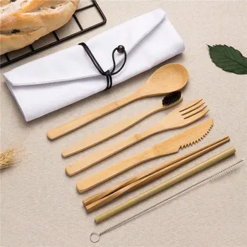 

Japanese Wooden Cutlery Set Travel Bamboo Cutlery Set for Picnic Dinnerware Set Solid Cloth Bag Kitchen Tableware Tools