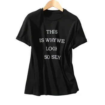 

Women T-shirt 2020 Summer Black and White English Letters Printed Casual Short Sleeve Women's Round Neck T-shirt