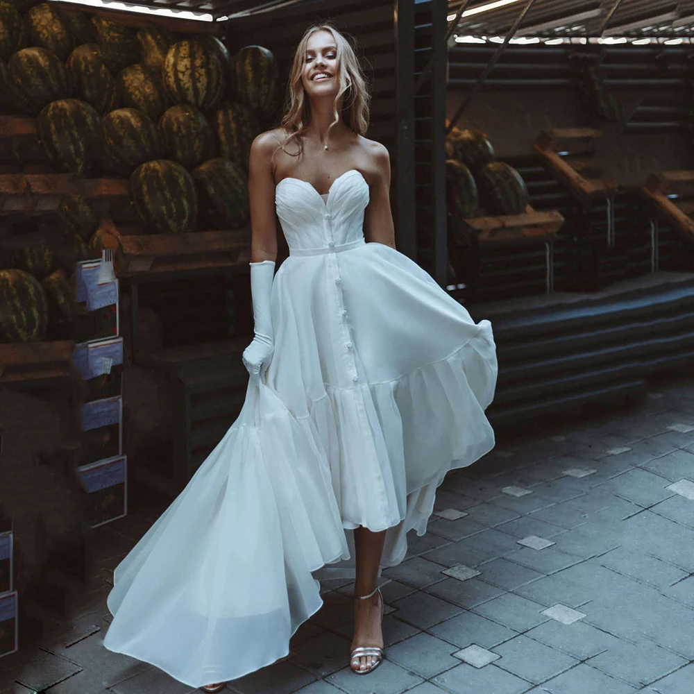 UZN Boho A-Ling High Low Wedding Dress Sweetheart Strapless Buttons Pleated Organza Satin Bridal Gowns Russia Elegant Brides