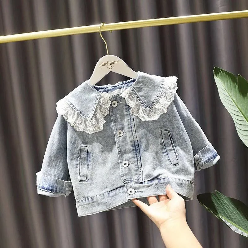 outdoor coats Denim Jacket for Baby Kids Girl Spring Autumn Jean Coat for Babi Girls Full Sleeve Lace Collar Casual Solid Outerwear lightweight quilted jacket