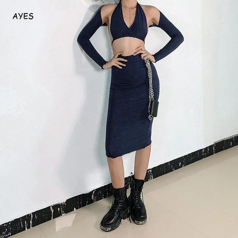 

Sexy Women Hollow Out Night Club Dress Set Lady Long Sleeve Backless V Neck Top And Pencil Skirt Set Party Clubwear Matching Set