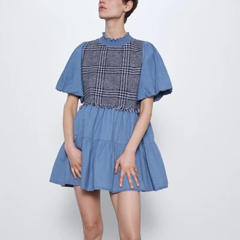 

2020 New Tweed Patchwork Denim Mini Summer Dress Korean Preppy Style Street Stand Collar Puff Sleeve Casual Women Dress A-Line