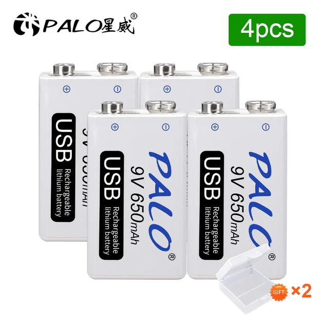 Rechargeable 9V Battery 650mAh Micro USB 9 Volt 6F22 Lithium Crown 9v Batteries for Multimeter KTV Microphone Metal Detector 4pcs