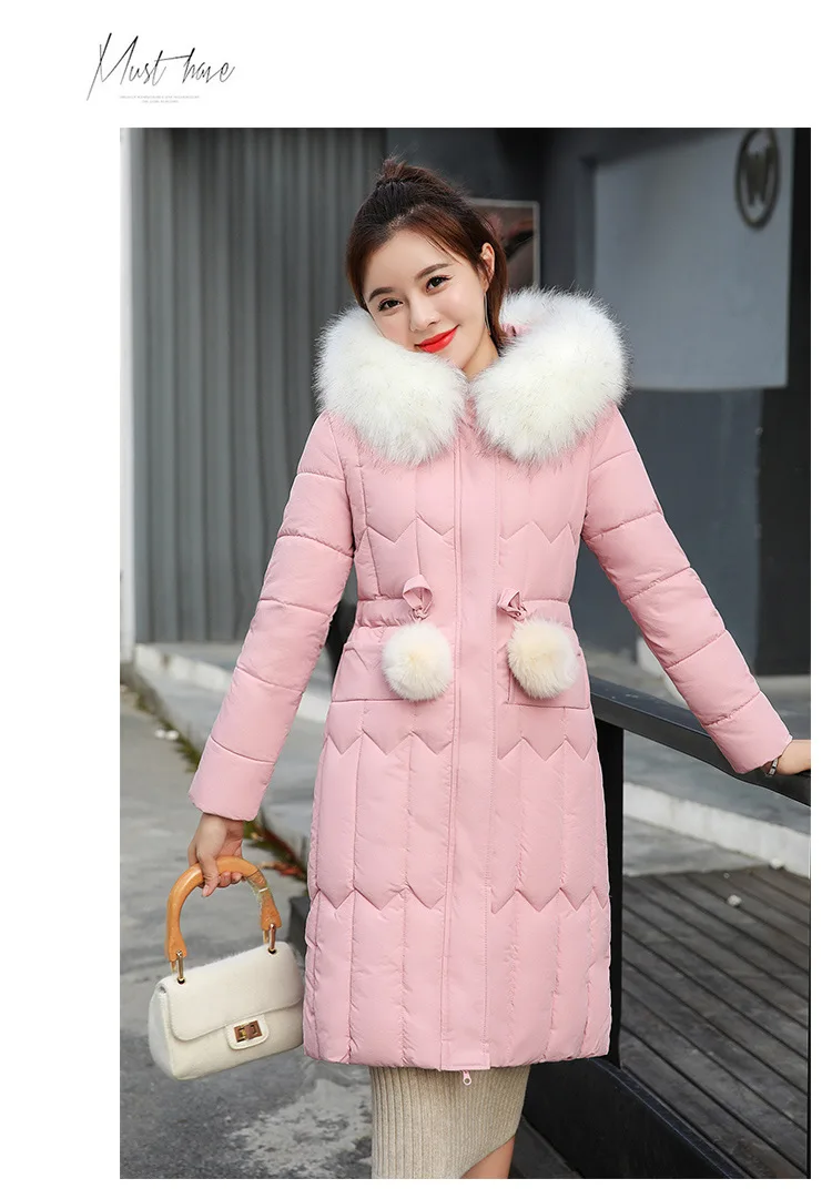 Утолщенный зимний длинный пуховик с меховым капюшоном, Женский однотонный тонкий пуховик размера плюс, женские куртки, Корейская верхняя одежда из хлопка