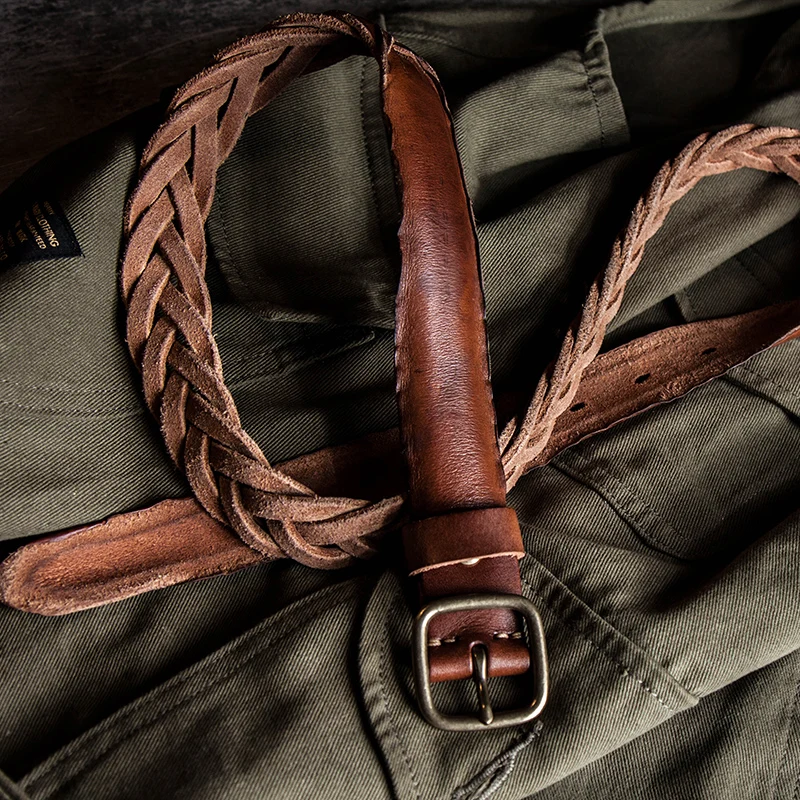 Luxury Belt Men's Retro Hand-woven Belt Men's Belt Pure Copper Buckle Ladies Jeans Belt Military Matching Durable Belt New