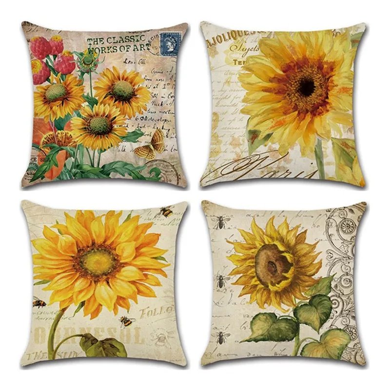 

Vintage Style Sunflower Cushion Cover 45*45 Yellow Decorative Cushion For Sofa Home Decoration Cotton Linen Pillow Case