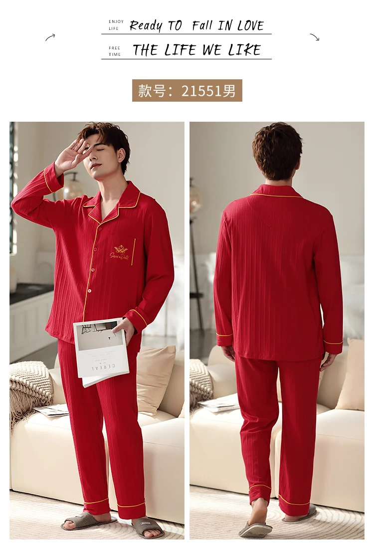 mens cotton pajama pants Winter Warm Thick Men Pajamas Oversized Casual Men Long Sleeve Homewear Red Turn-down Collar Sleepwear Elastic Waist Man Pajamas mens pjs set