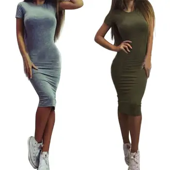 

Womens Short Sleeve Bodycon Pencil Midi Long Dress Plain Solid Color Empire Waist Package Hip Cocktail Basic Clubwear