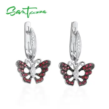 

SANTUZZA Silver Earrings For Women 925 Sterling Silver Delicate Charming Red Butterfly Drop Earrings Trendy Party Fine Jewelry