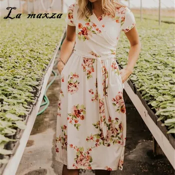 

2020 Casual Summer Women Maxi Dress Fashion Print V-neck Pockets Sashes Slim Dress for Ladies