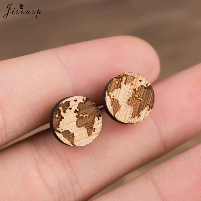Jisensp Vintage World Map Wooden Earrings Trendy Earth Stud Fashion Jewelry for Women Party Gift boucle d'oreille femme | Украшения и