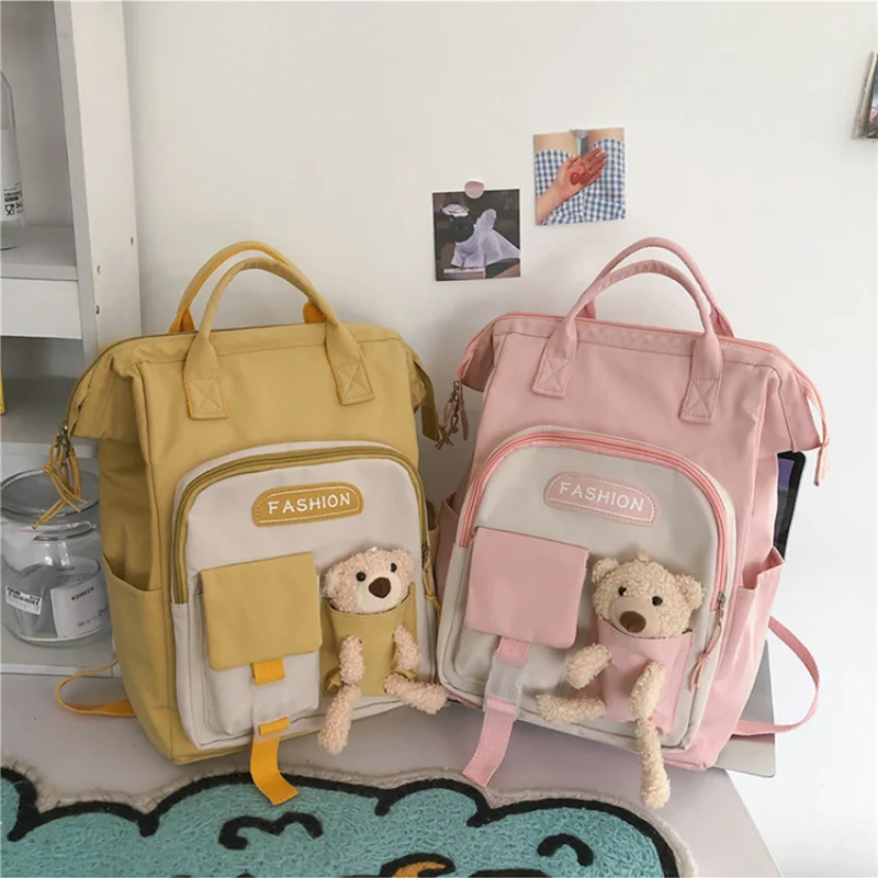 

Рюкзак в стиле преппи с милым медведем, нейлоновая сумка, женские водонепроницаемые Рюкзаки карамельных цветов, сумки для старших классов для девочек-подростков, дорожный рюкзак