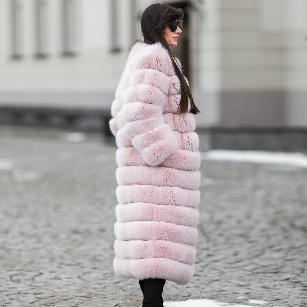 Light Pink Real Fox Fur Coat Round Collar Women Fashion 120cm Long Natural Full Pelt Fox Fur Coats Woman Winter Outwear Luxury