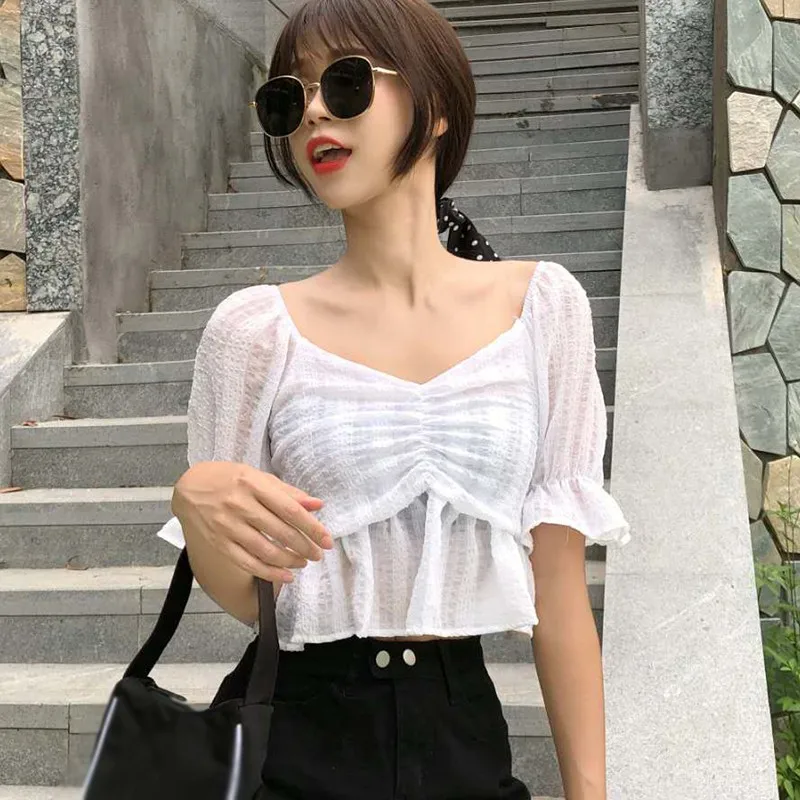 

Women Casual Solid Color Short Sleeve Exposed Navel Short Shirts Summer Square Collar Blouse Tops