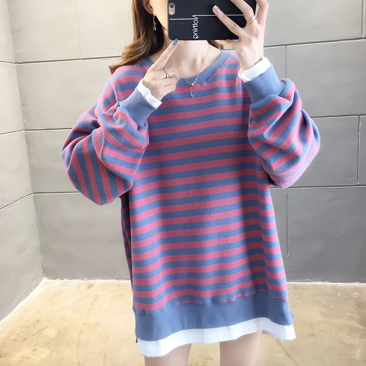

Women Sweatshirt Autumn New Striped Sweatshirt Women's Loose Korean-Style Fake Two-Piece O Neck Long Sleeve Women's Tops 889F