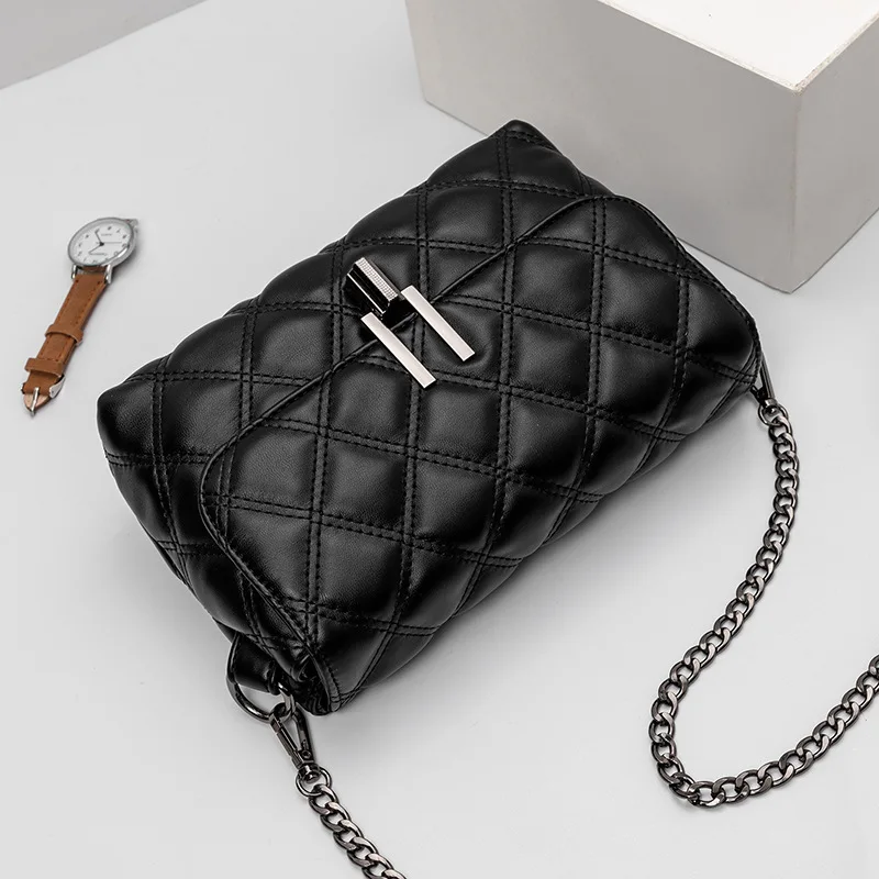 

Y-Shaped Lock Black And White with Pattern Rhombus Simplicity Elegant Soft Leather Korean-style Rhombus WOMEN'S Bag Solid Color